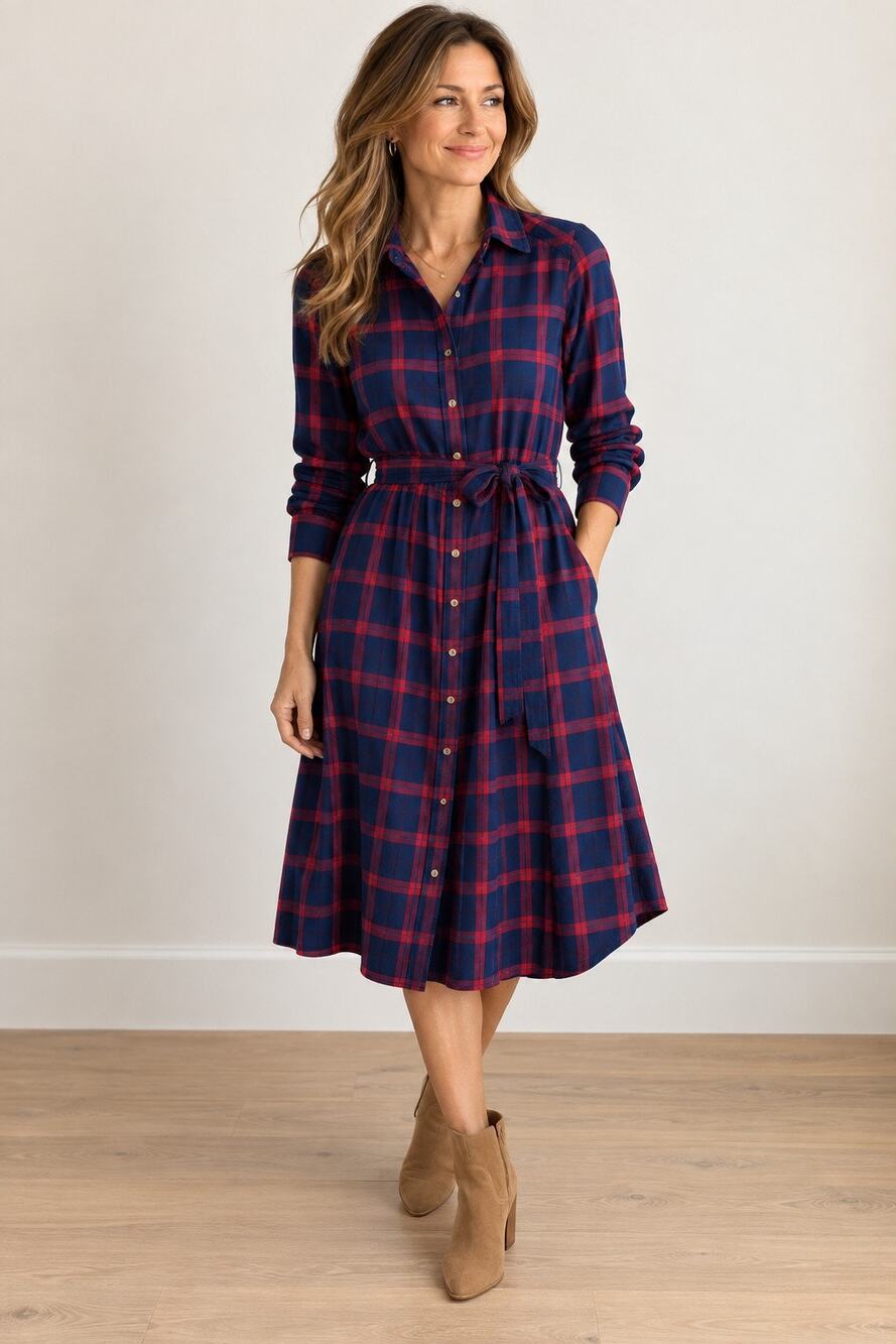 J.Crew Plaid Shirt Dress Navy Red Tie Waist Fall M Long Sleeve